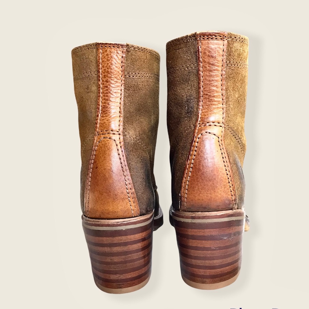 Frye Sabrina 6G Tan Suede/Leather Lace Up Wood Heeled Combat Moto Ankle Booties - Picture 16 of 16